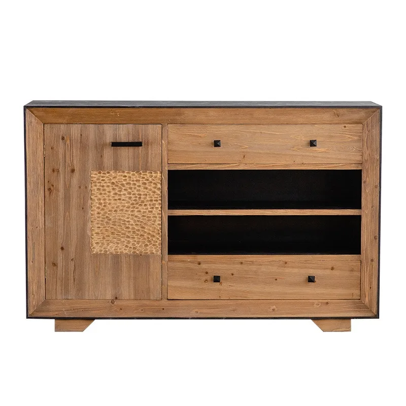 American retro light luxury living room against the wall solid wood dining side cabinet, wabi sanfeng homestay shelf, decorative
