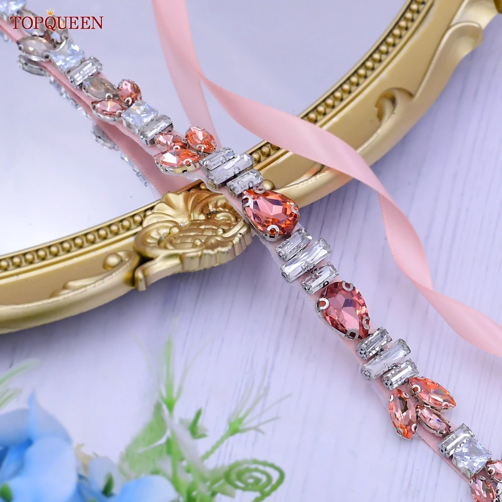 Topqueen Rose Gold Steentjes Riem Bruid Bruiloft Accesories Dunne Partij Prom Fotografie Gordels Vrouwen Formele Jurken Sjerp S475