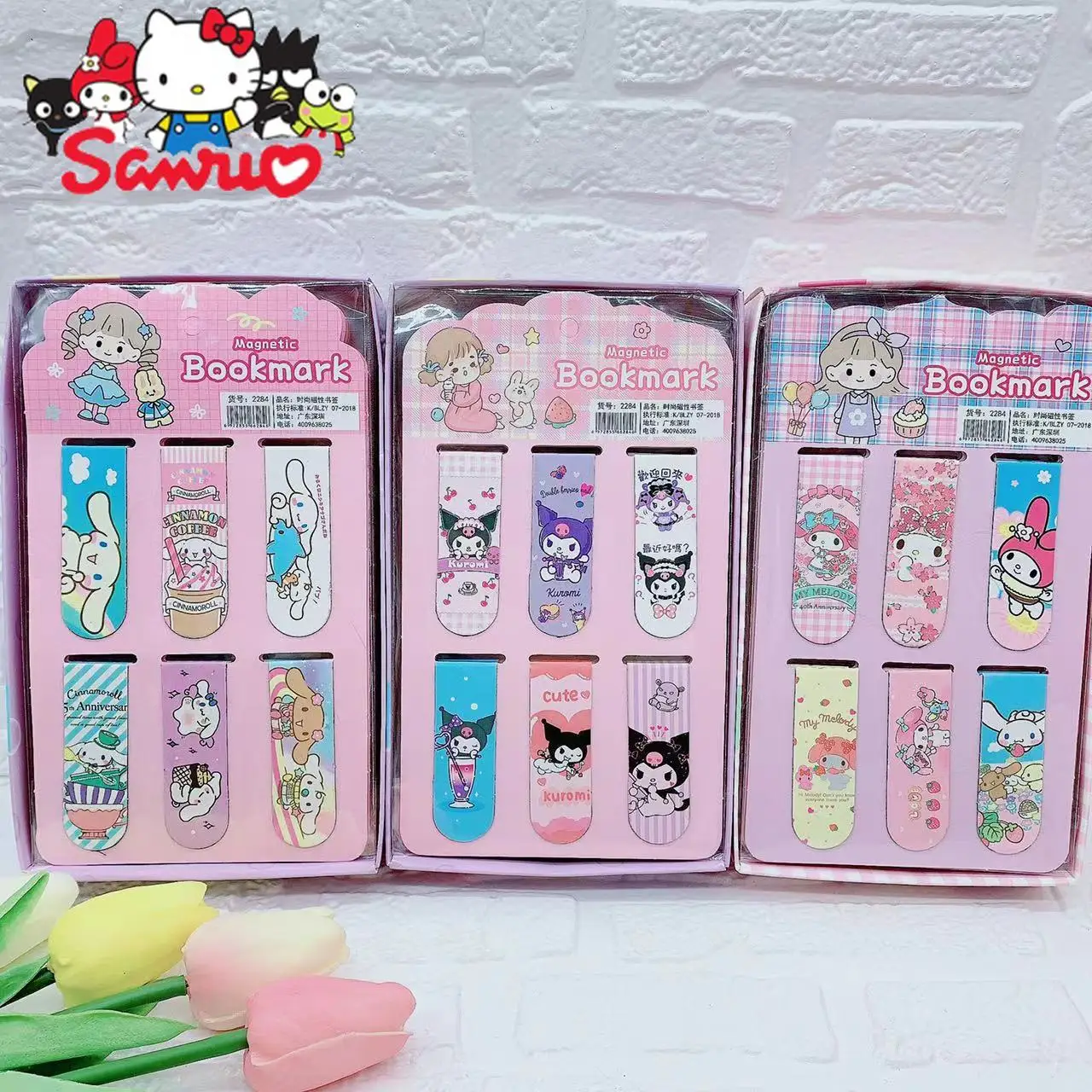 5Set(30Pcs) Sanrio Melody Kuromi Hello Kitty Cinnamoroll Pochacco Magnetic Bookmarks Student Bookmarks DIY Folding Bookmarks