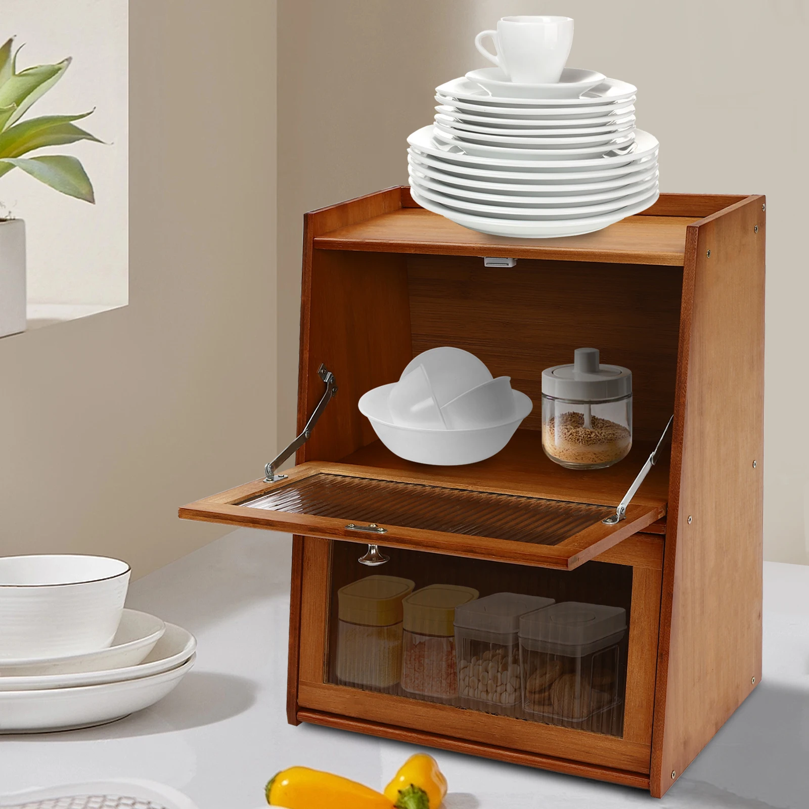 

Мини-шкаф для хранения с дверцей, настольный пылезащитный бамбуковый шкафчик для хранения предметов первой необходимости, приправ или косметики