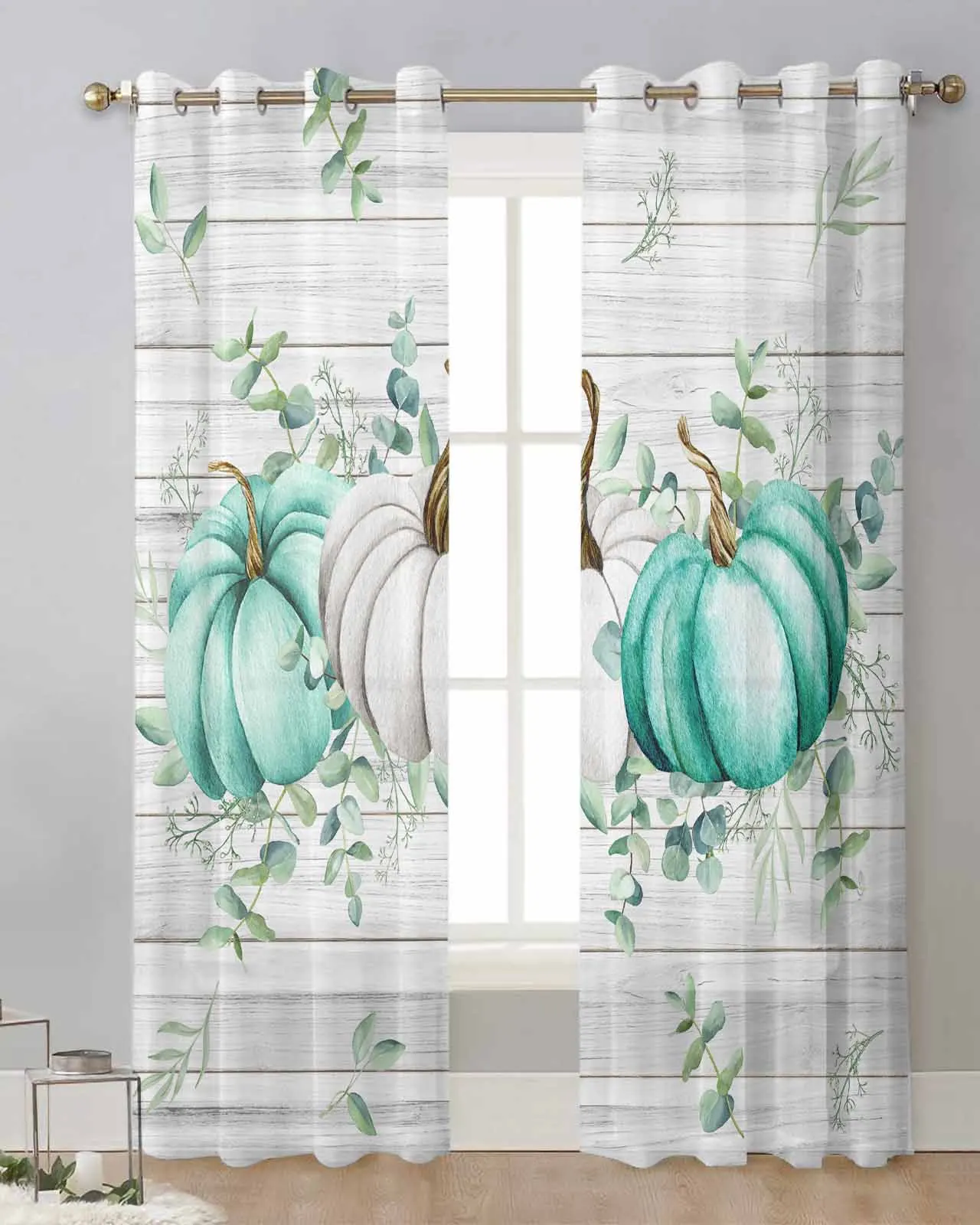 Thanksgiving Pumpkin Eucalyptus Leaves Grey Grid Curtain Tulle Curtains For Living Room Kitchen Window Treatments Voile Curtains