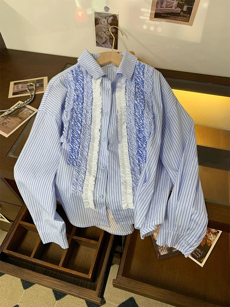 

Casual Sle Loose Fit Long Sve Blue Striped irt Stand Collar Ne Men Women Spring Summer Faion High End Clothing