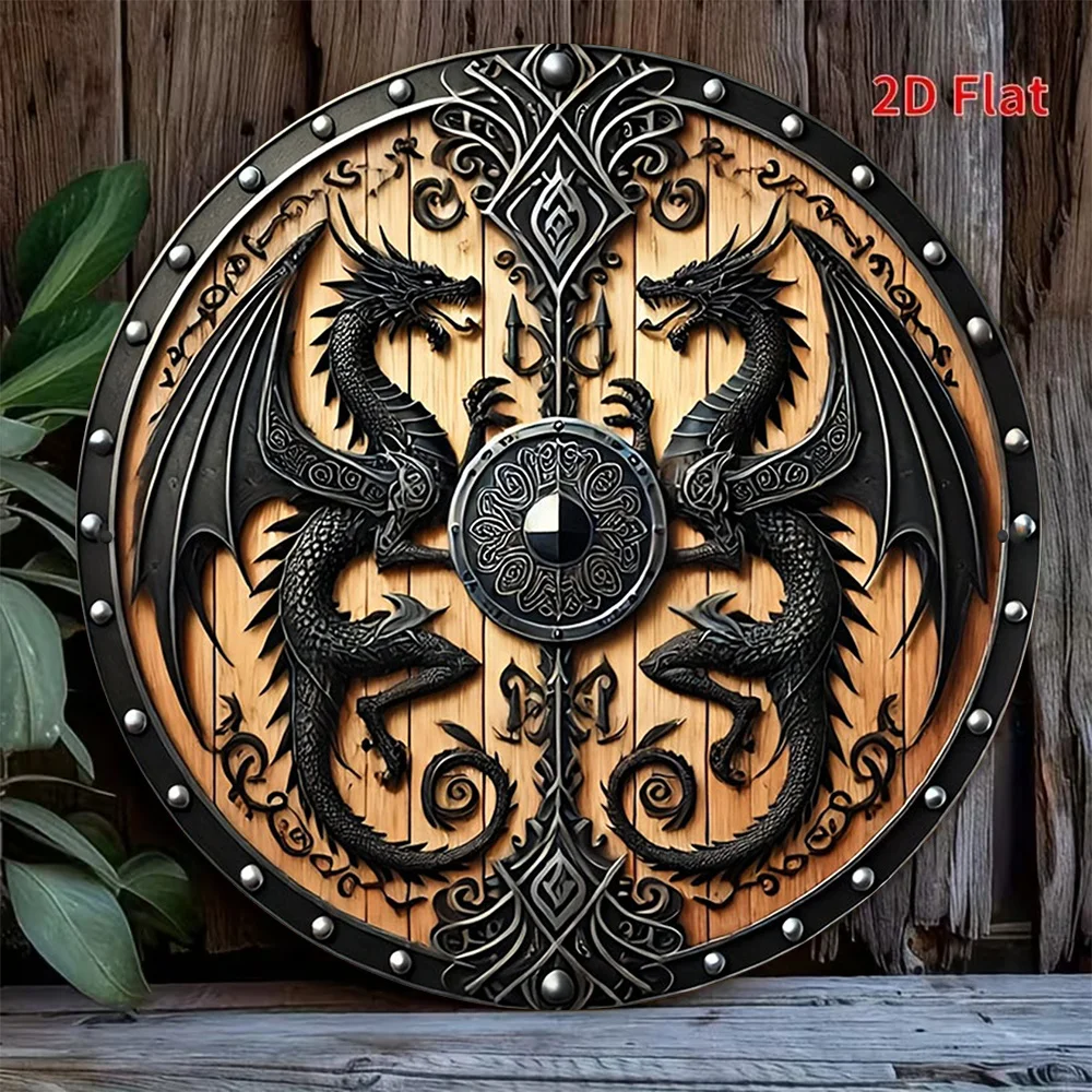 2D Flat - 1pc 8*8In/20X20Cm 2D Flat Round Aluminum Sign, Vintage Decorative Plaque about Viking Dragons And Celtic Mythology, Me