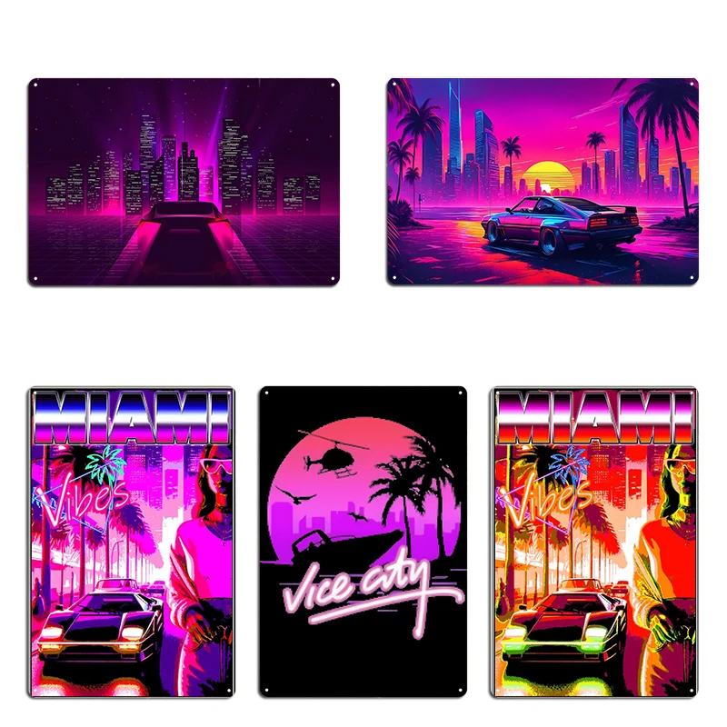 Retro 80s Vice City Poster Metal Plaque Wall Pub Living Room Vintage Wall Decor 80s Vice City Tin Sign Posters