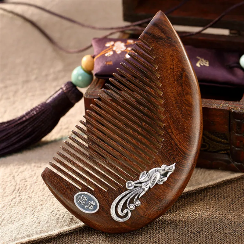 Uglyless Sandalwood Hair Combs for Women China Chic 925 Silver Phoenix Hairwear Peacock Hair Jewelry Vintage Ethnic Wooden Combs