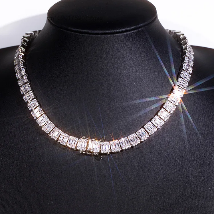 Hop Hip 9mm Tennis Chain S925 Silver With Vvs Baguette Moissanite Diamond Jewelry Necklace for Man and Woman.