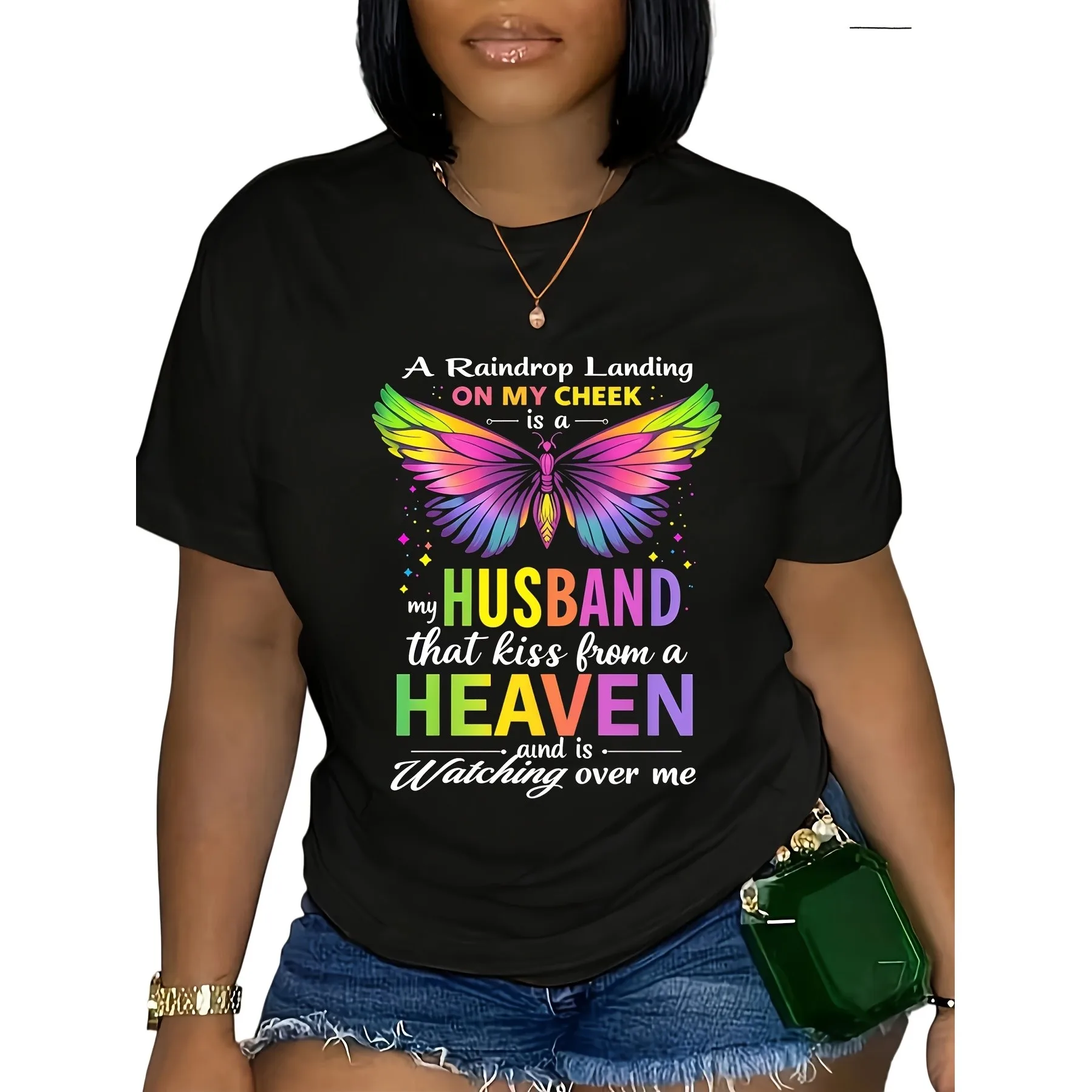 Rainbow Butterfly Memorial T-shirt for Widow Widower Men Women Plus Size Soft Cotton Casual Tee