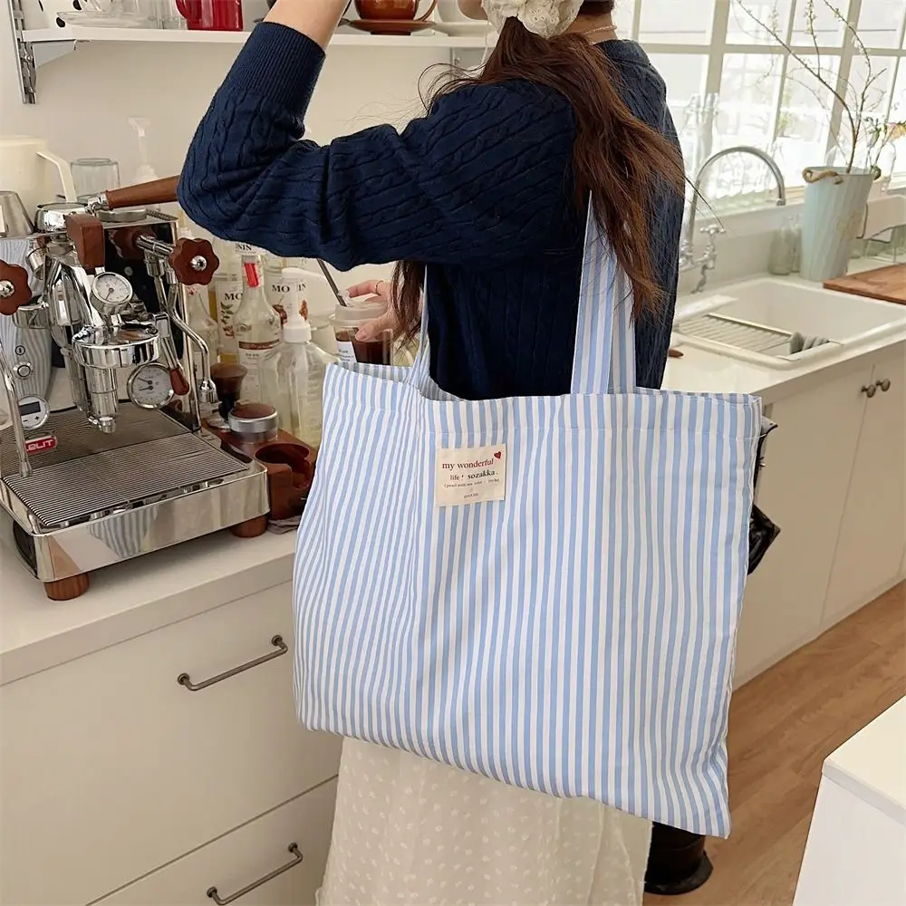 Fresh Color Strip Canvas Bag Korean Style Large Capacity Vacation Tote Bag Office Worker Tote Lightweight Eco Bag Shoulder Bag