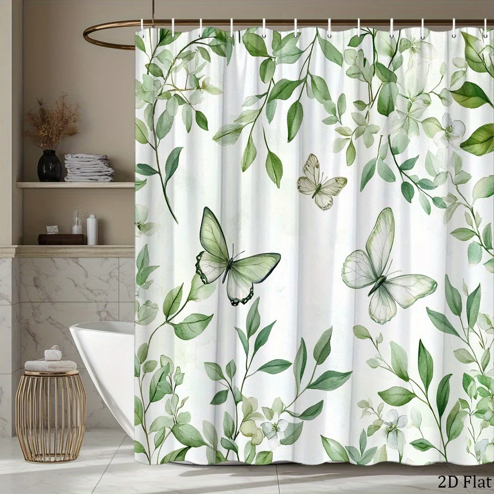 

Занавеска для душа с изображением зеленых листьев и бабочек, с натуральным ботаническим дизайном, для свежего декора ванной комнаты, в стиле природного искусства, проста в уходе.
