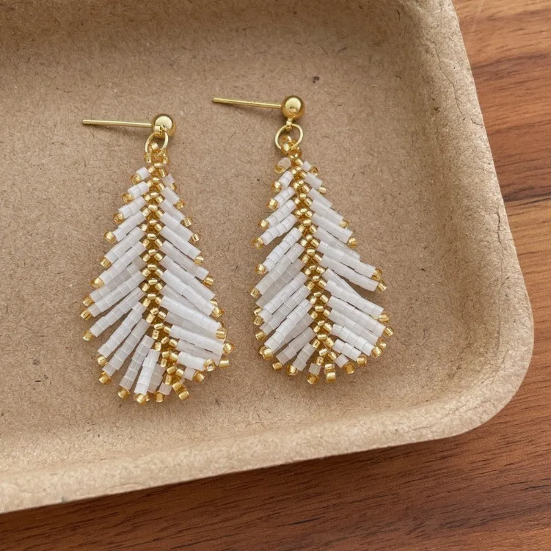 

Minar Creative Double Color Glass Miyuki Treand Feather-shaped Tassel Long Drop Earrings for Women Real Gold Plated Copper Alloy