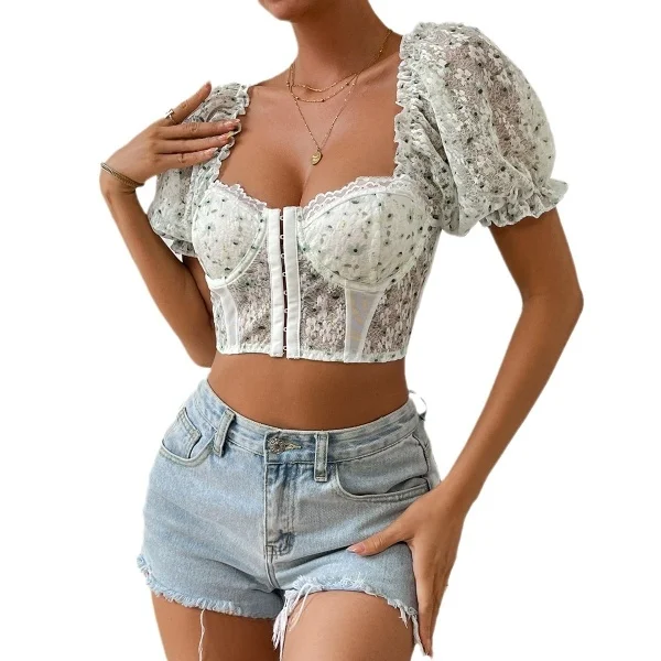 Letni damski koronkowy krótki top Y2K, dopasowany T-shirt z bufiastymi rękawami, koszulka z włókna octanowego 100%, kolekcja premium dla kobiet.