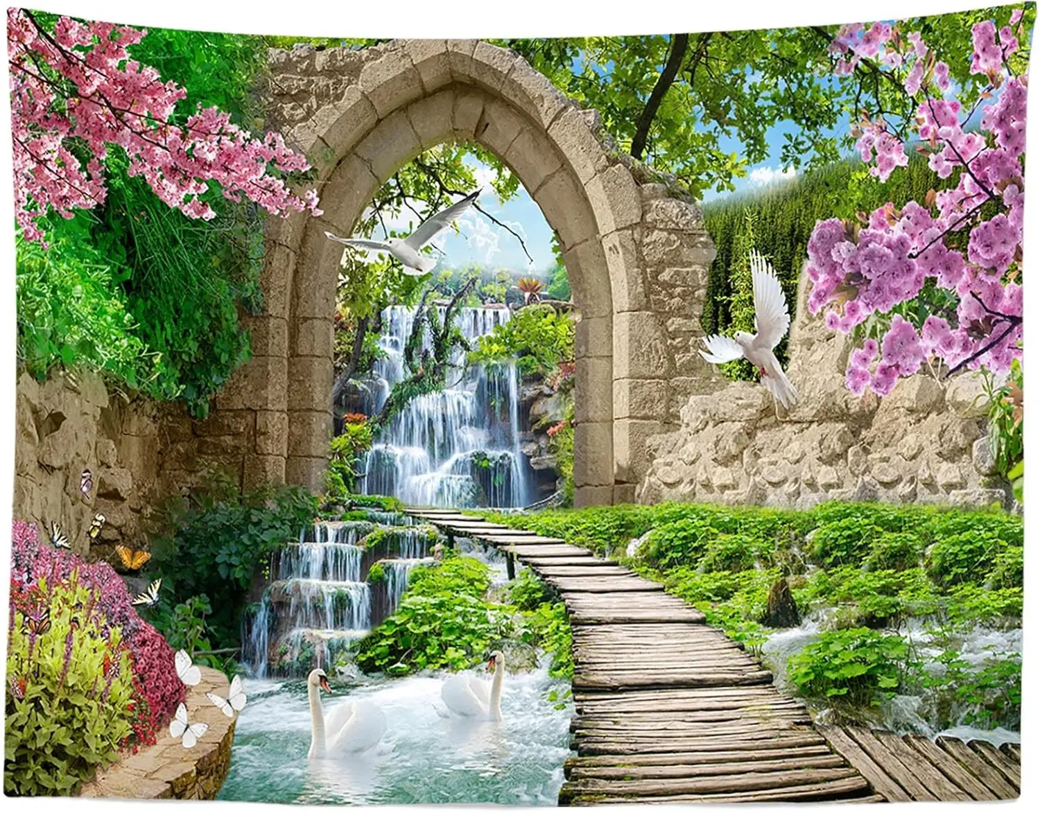 Cherry Blossoms Green Trees River Bridge Nature Tapestry Stone Arch Mountain Waterfall Landscape for Bedroom Living Room Dorm
