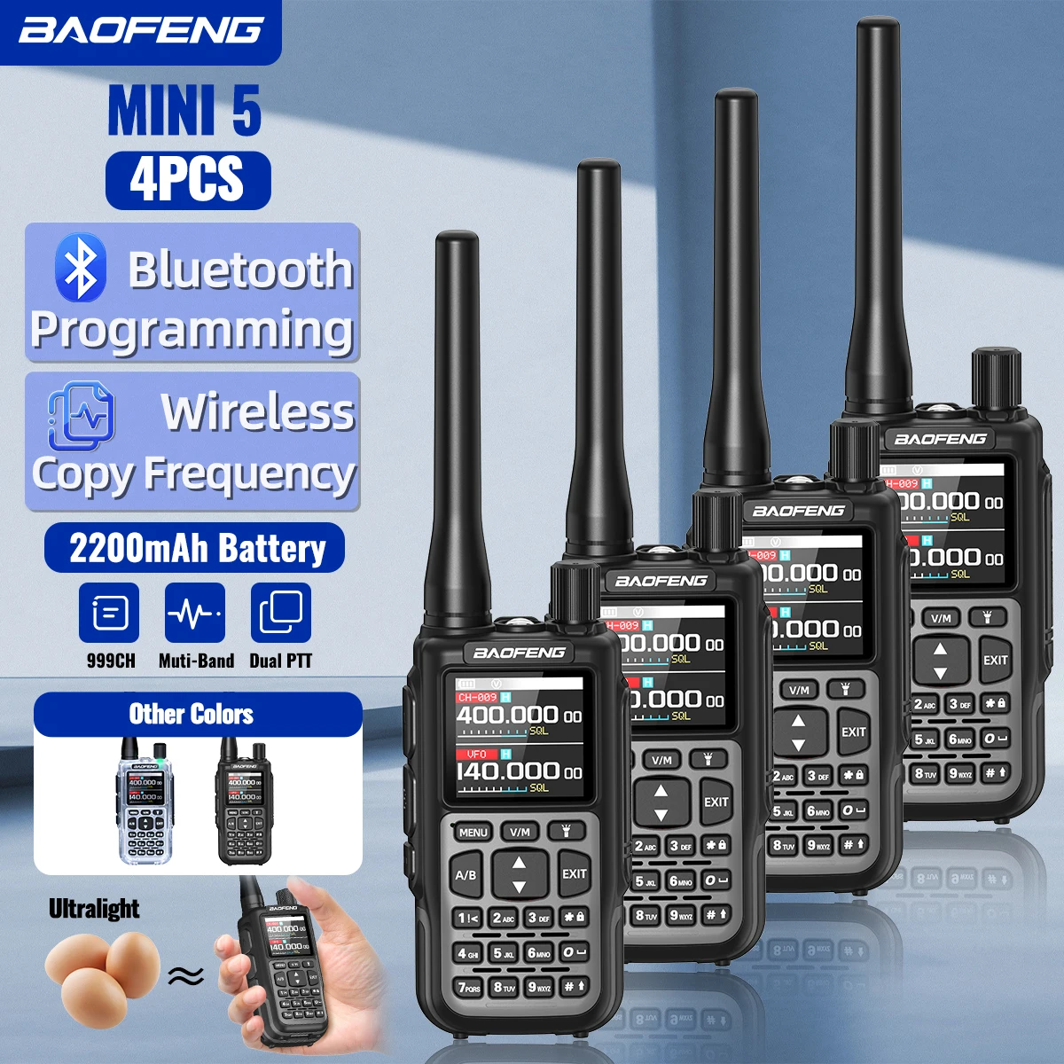 4PCS BAOFENG MINI 5 Walkie Talkie 2200mAh Battery Bluetooth Programming Long Range Dual PTT Newly Upgraded UV-5R MINI Ham Radio