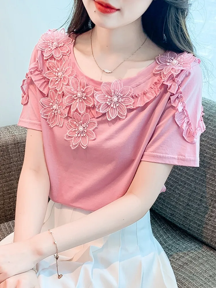 

Flowers Short-Sleeved T-shirt Women's Summer Wear 2024 New Loose Top Flower Ruffles Stitching Round Neck Tshirt Tees