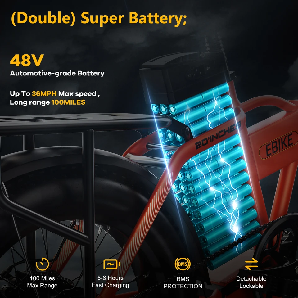 Cybervelo 1000W Peak High-speed Brushless Folding 20 Inch Fat Tire Electric Bike for Adults 48V 20.8Ah/50Ah Removable Battery 80 Miles Range Commuter E-Bicycle EK4 image 11