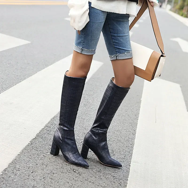 Yellow Navy Blue Crocodile PU Skin Leather Knee-high Riding Equestrian Botas Women Winter Shoes Block High Heels Western Boots