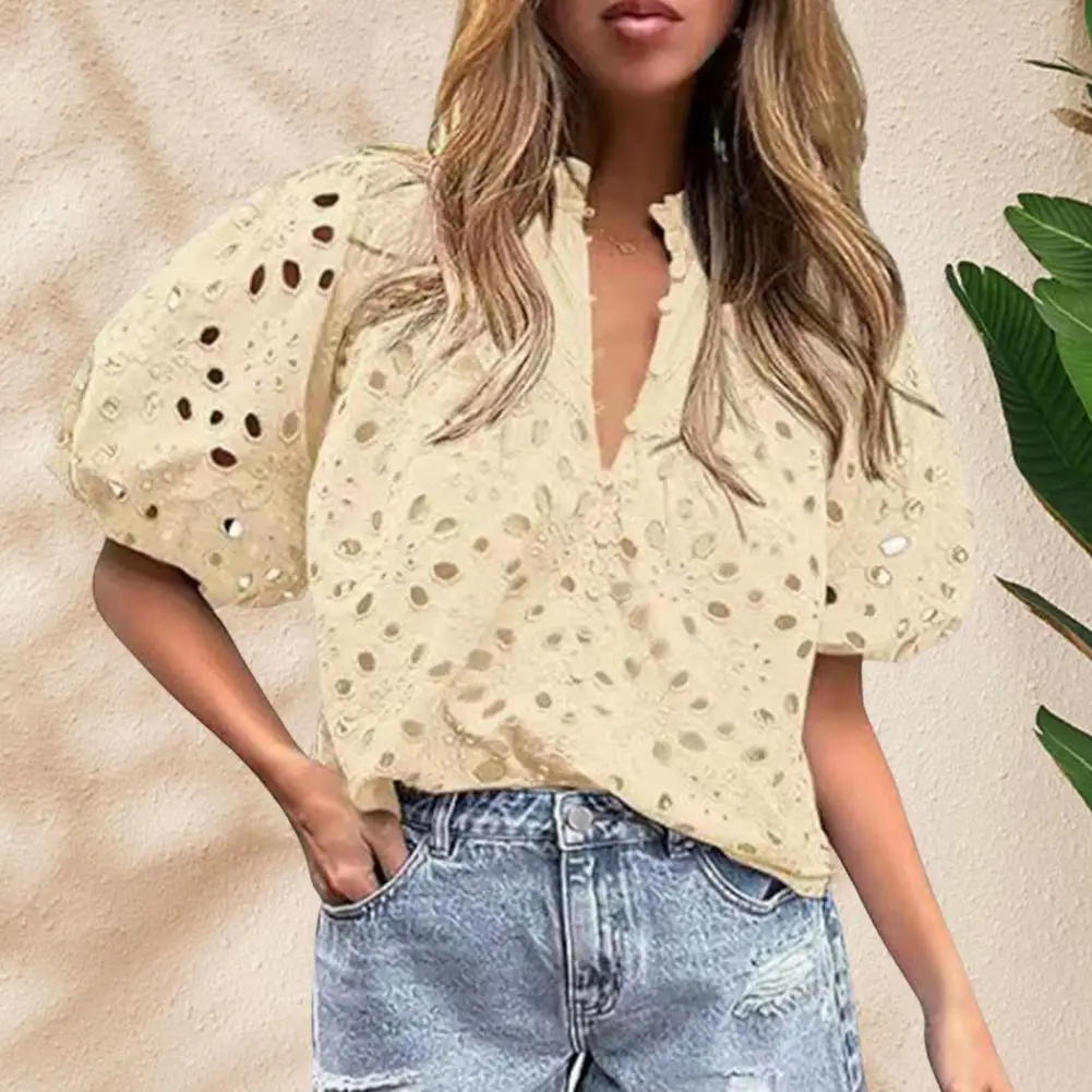 Women Shirt Elegant Lace Blouse Embroidered Floral Shirt Stylish Summer Top for Women Stand Out Dressy Tops with Eyelet Details