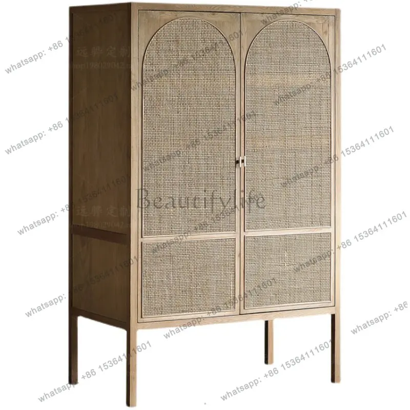 Nordic simple solid wood storage dining side cabinet Japanese retro handmade rattan art bedroom storage wardrobe