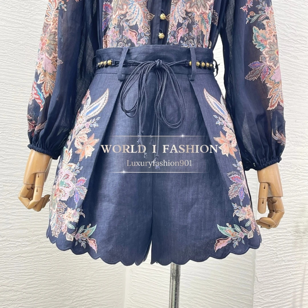 

2025 Navy Blue Paisley Print Long Sleeve Half High Collar Blouse Tops and Shorts Set