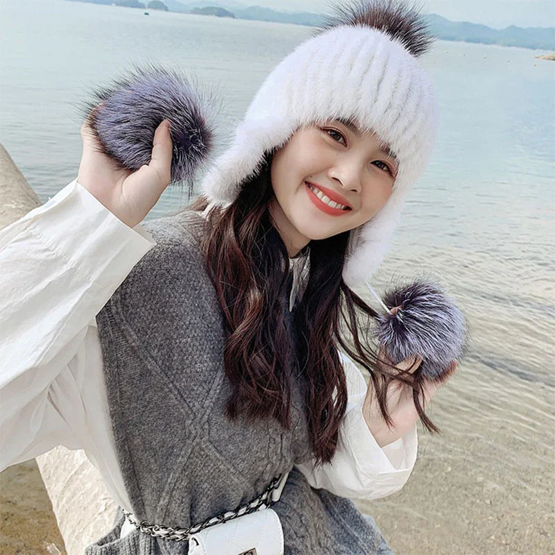 New Children's Mink Knitted Hat Korean Version Fashion Big Elastic Thickened Ear Protection Hat Winter Warm Wind And Snow Hat