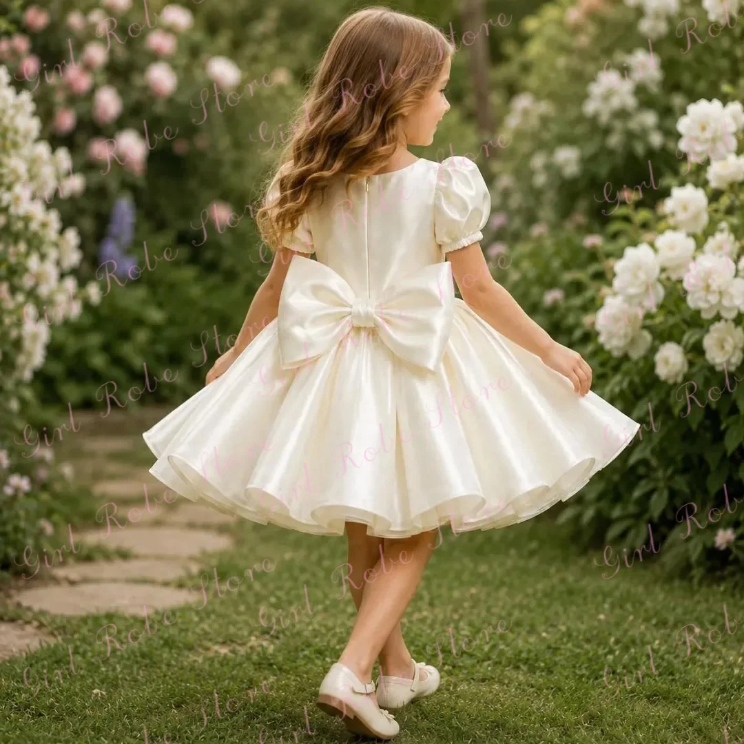 Elegant Ivory Satin Flower Girl Dress For Wedding Knee Length With Bow Little Girl Banquet First Communion Prom Gown Customized