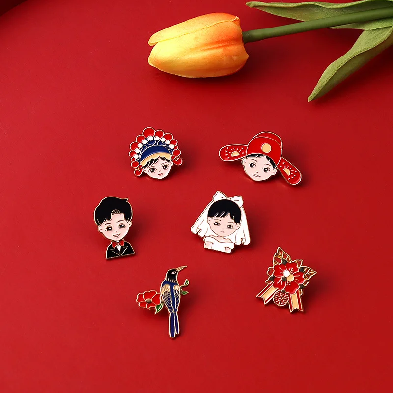 Enamel Wedding Brooch Chinese Traditional Bride Groom Western Couple Magpie Floral Pins for Wedding Decoration Jewelry Accessory