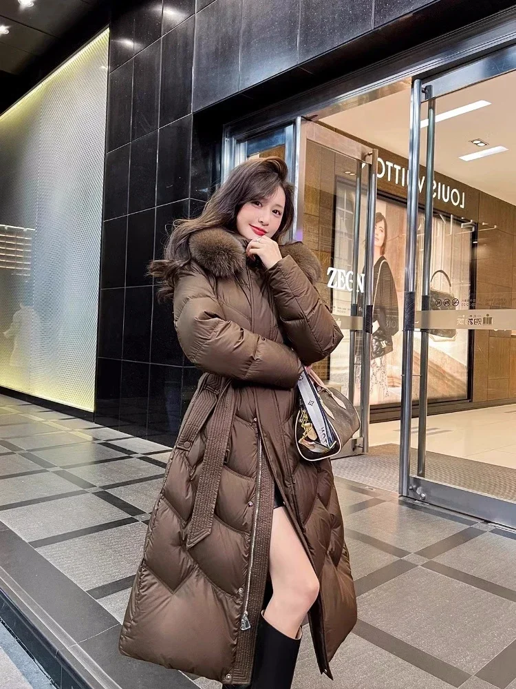 

Sweet Hot Girl Hooded Long Slim Lace-up Down Jacket for Women's Winter Loose and Thick Warm Jacket Fashion Female Clothes