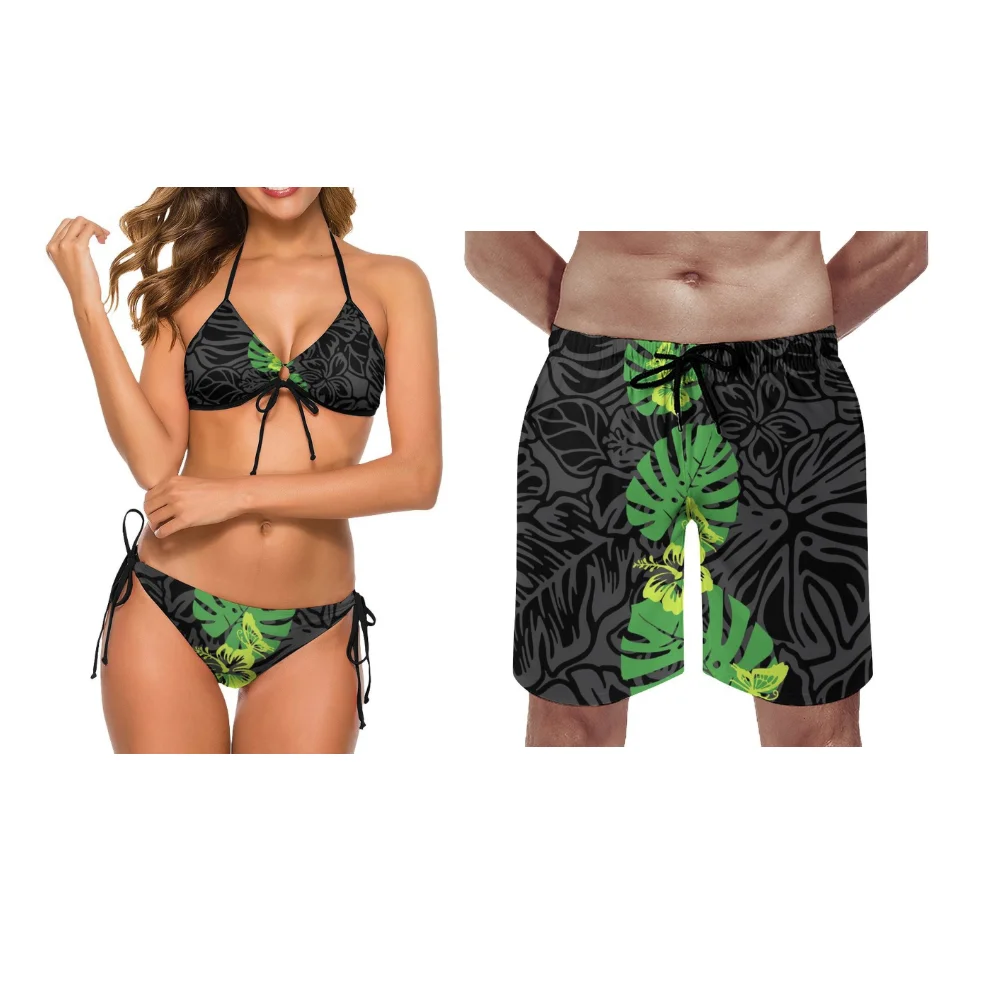 

Мягкий тканевый полинезийский купальник для пары на заказ: женский с завязками на шее, сексуальный, с эффектом сборки; мужские пляжные шорты.