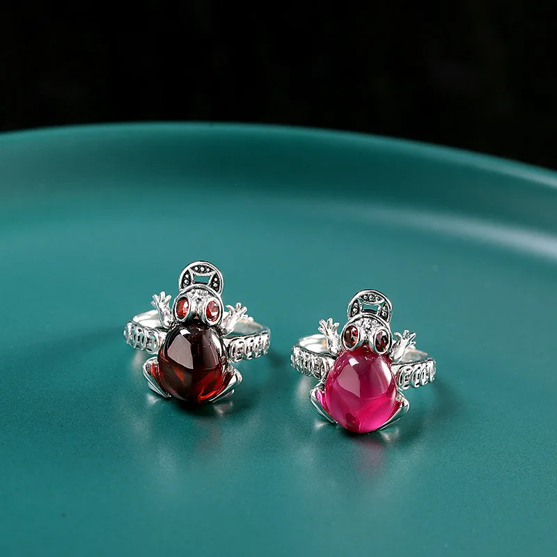 Amxiu Vingtage Open Ring Red Garnet 925 Sterling Silver Ring Animal Toad Frog Rings