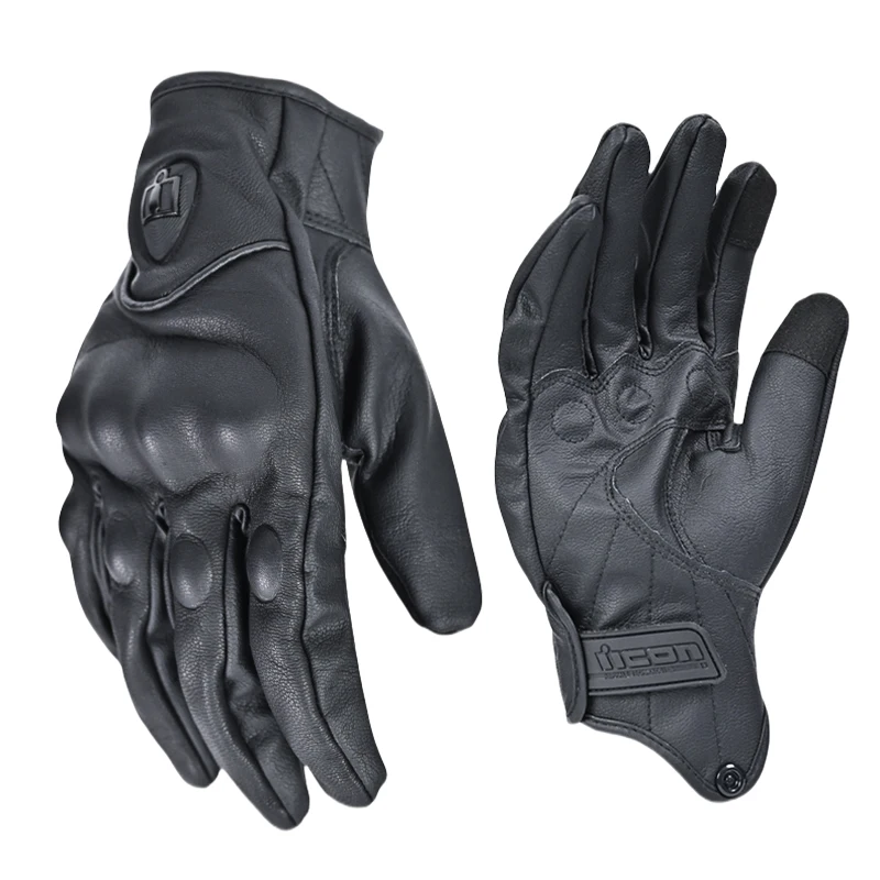 

ICON Vintage Leather Motorcycle Gloves Men Black Wear-resistant Guantes Touchscreen Anti-slip Retro Motobiker Luvas
