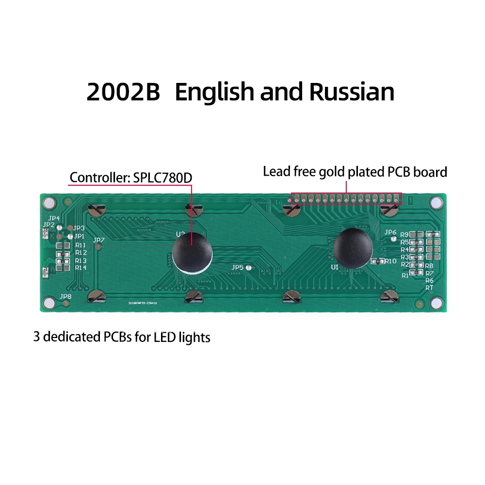 灰色のフィルム付き液晶画面,5V,黒のテキスト,英語とロシア語の定格電圧