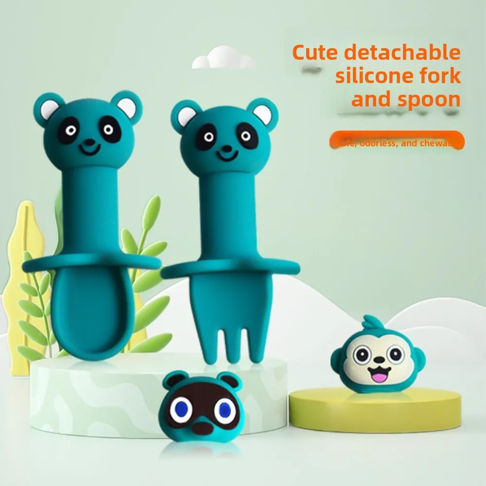 

New Cartoon Fork Spoon Tableware Set Household Silicone Removable Fork Spoon Baby Food Supplement Silicone Spoon