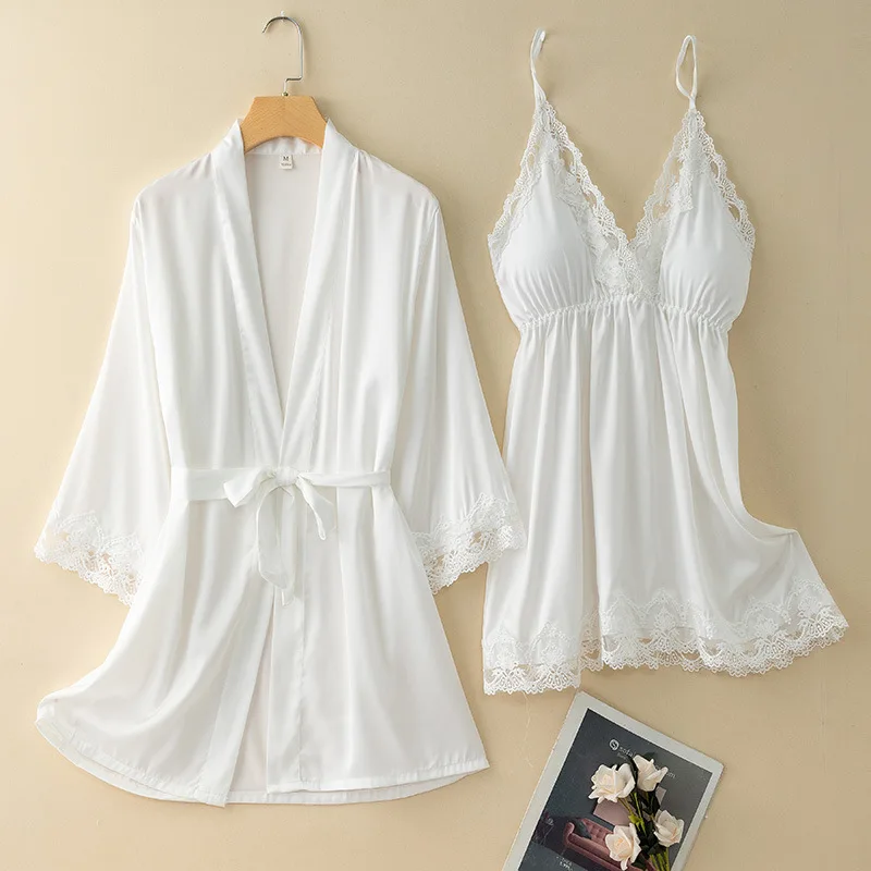 V-Neck Nighty&robe Set Sexy Lace Edge Kimono Bathrobe Nightgown Women Casual Homewear Sexy Lingerie Sling Sleepwear Loungewear