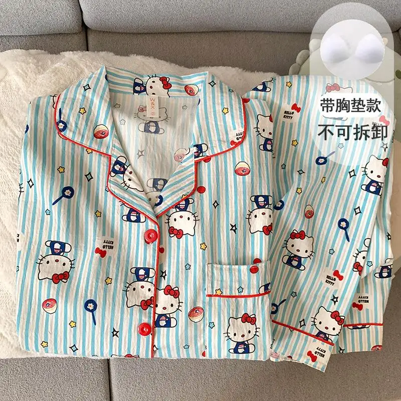 New Hello Kittys Sleepwear with Chest Mat for Women Spring Autumn Clouds Pure Cotton Yarn Long Sleeve Home Clothes Cute Cartoon
