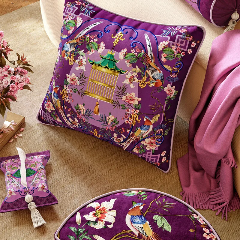 New Chinese Style Purple Phoenix Peony Pillow Cover, Traditional Oriental Bird Flower Decorative Throw Pillow Case for Sofa Bed