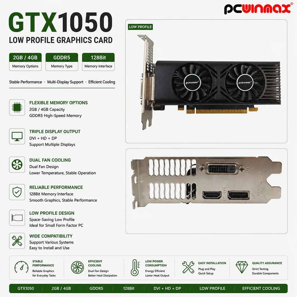 PCWINMAX New GeForce GTX 1050 2GB Low Profile Graphics Card GDDR5 128 Bit Original Video Card GTX1050 for Desktop PC