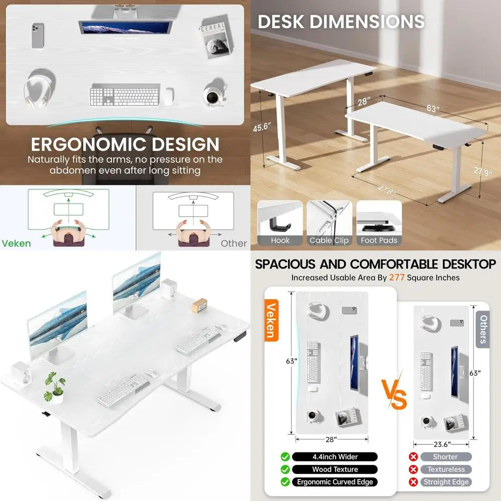 

Электрический стол с регулируемой высотой 63 x 28 дюймов для работы стоя и сидя, учебы и игр, белый