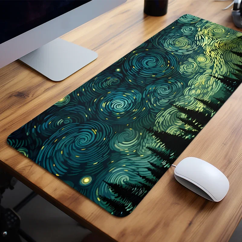 Starry Night Forest Extended Mouse Pad Large Non-Slip Rubber Base Desk Mat with Stitched Edges for Home Office Carpet Gamer Rugs