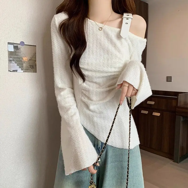 Pure hot girl pleated off-shoulder long-sleeved top slim fit stretch flare sweater