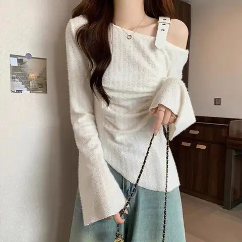 청순 핫걸 플리츠 오프 숄더 긴팔 상의, 슬림핏 스트레치 플레어 스웨터