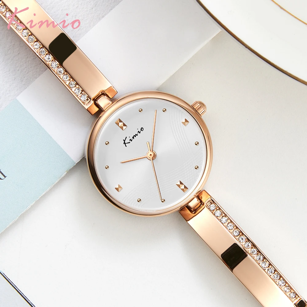 KIMIO 2022 Women Watch Brand Luxury Rhinestone Fashion Simple Round Dial Rose Gold Ladies Quartz Watch Bracelet Female Clock