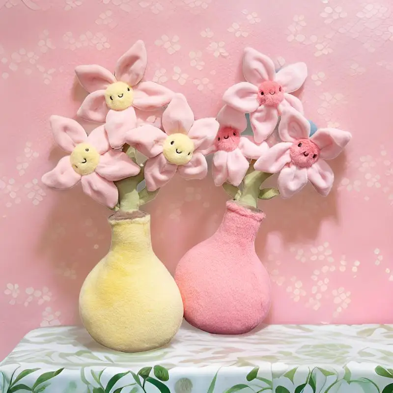 ZU Cute Plush Flower Bouquets Decoration Pink Blossom in a Vase Soft Toy Beautiful Room Decor Pillow Girl Gift