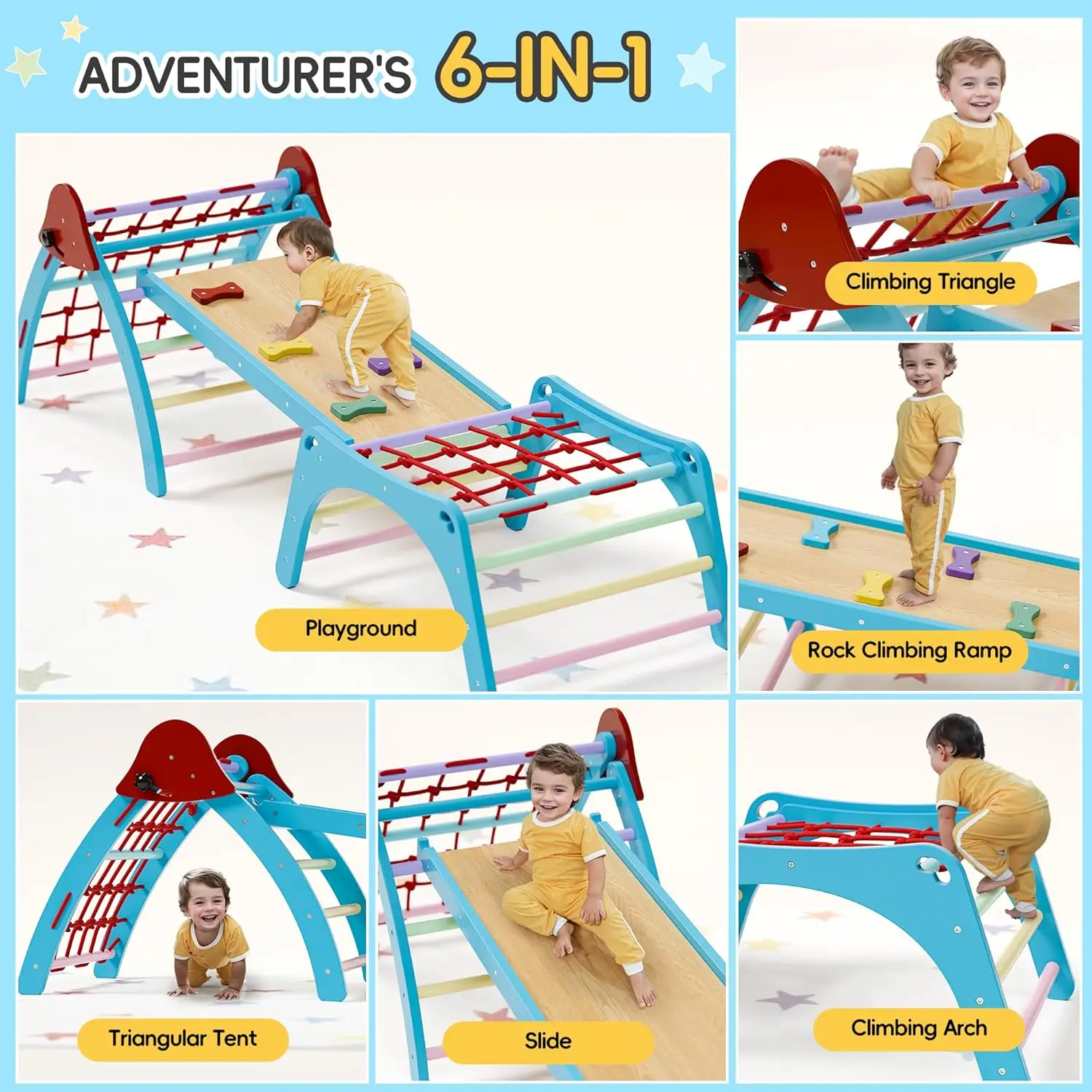 Pikler Triangular Set, Foldable Wooden Pickler Climbing Set, Indoor Playground Jungle Gym, 6 in 1 Pikler Triangle Climbing Set f