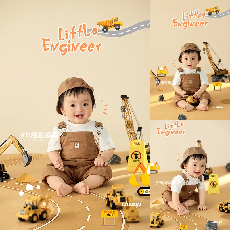 100 Days Baby Boy Construction Engineer Photography Outfit Brown Overalls, Cap &Excavator Props Set, 100-Day Photo Shoot Costume