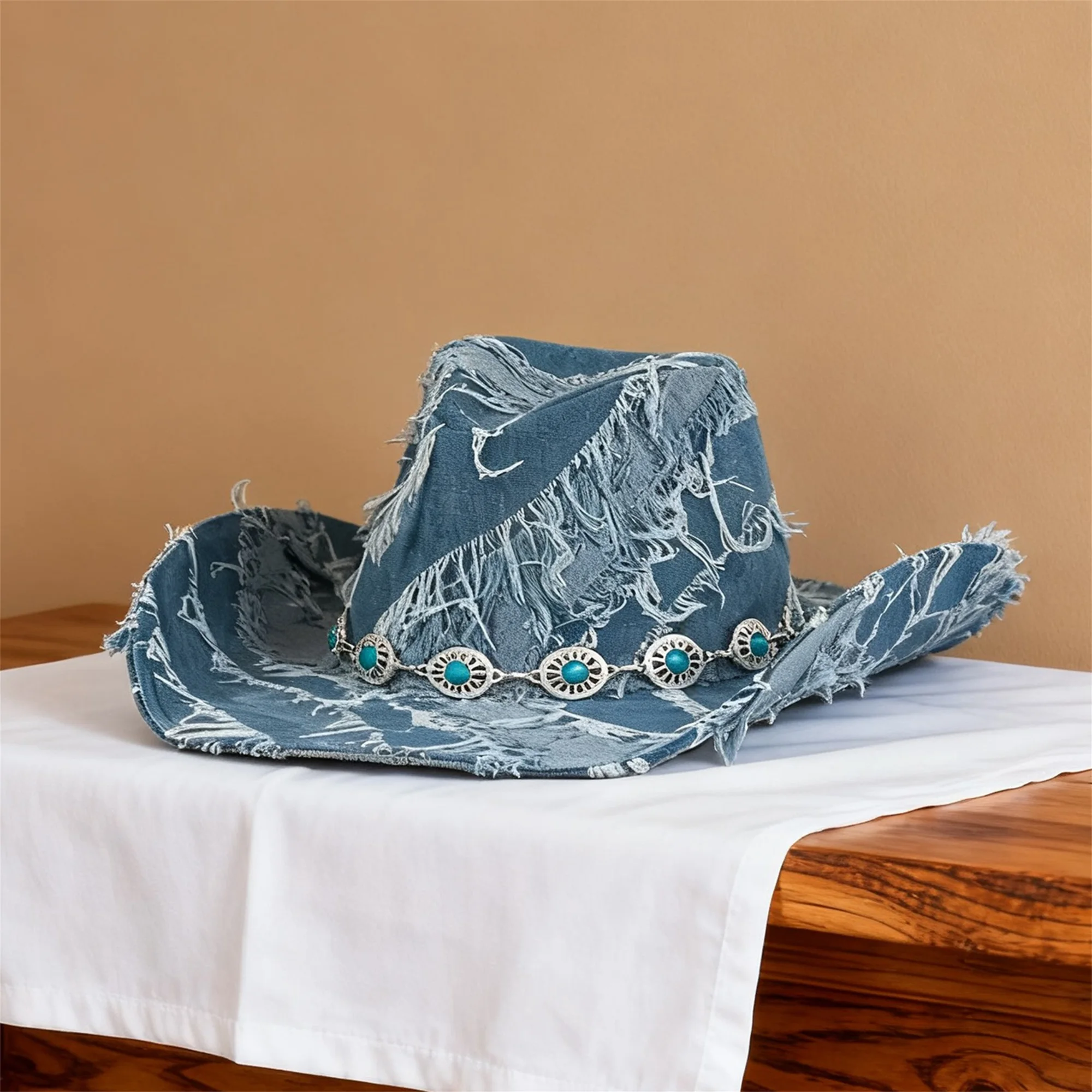 قبعة راعية البقر من قماش الدنيم بتصميم عتيق مع زخرفة رأس الثور وحافة واسعة للنساء - قبعة فيدورا غربية كلاسيكية #4