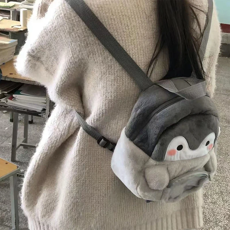 Bolsa de pelúcia macia para mulheres Mochila Kawaii Boneca Pinguim dos desenhos animados Jk Lolita Doce, Casual, Designer de moda, Bonito