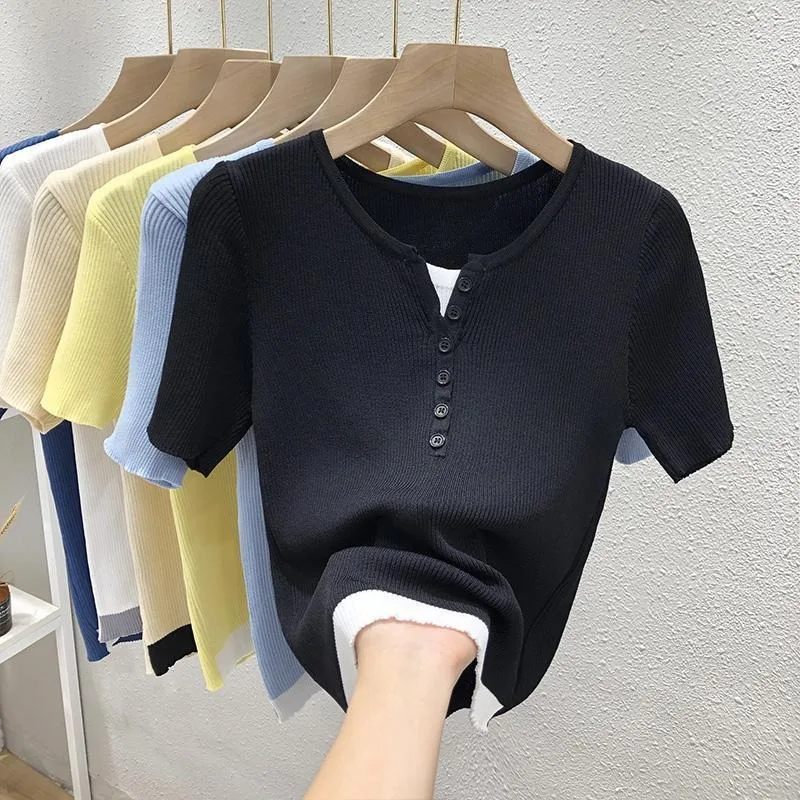 V-neck Short Sleeve T-shirt Women\'s Summer Dress Thin Ice Silk Knit Sweater 2024 New Fake Two Yellow Top