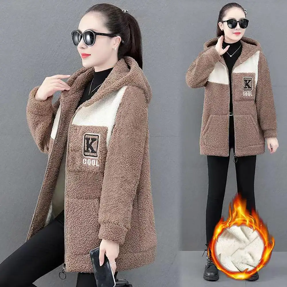 Women Jacket Colorblock Fleece Hooded Coat with Zipper Closure Pockets for Women Warm Winter Cardigan Jacket Mid Length Loose