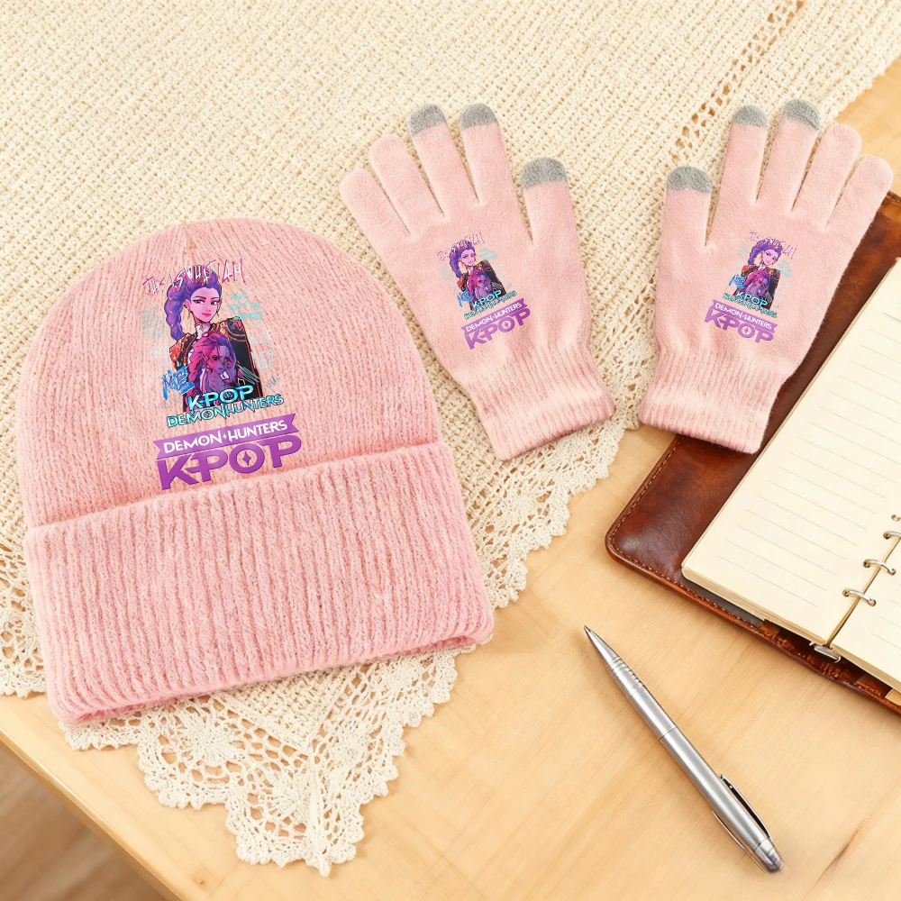 2 Pcs Kpop Demon Hunters Gloves Knitted Hat Suit for Girls Letter Printed Knit Hats Mittens Set Children Winter Warm Accessories