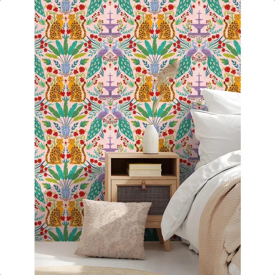 Tapete zum Abziehen und Aufkleben, Leoparden-Dschungel-Tier-Tapete für Vermietung, abnehmbare Boho-Blatt-Tapeten für Badezimmer, selbstklebend, C